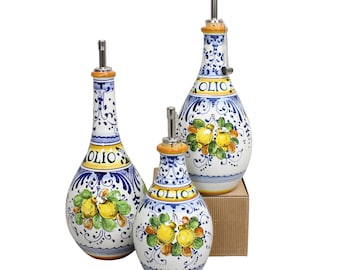 Handmade Ceramic Olive Oil Bottle - Tuscan Little Lemons pattern - Tuscan Italian Pottery - Kitchen Decor - Unique Cruet, Made in Italy