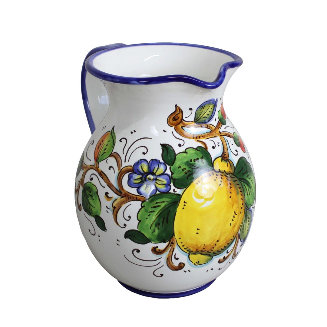 made in italy 花瓶 Italian Ceramic Pitcher Lemons and Flowers Hand Painted, Handmade