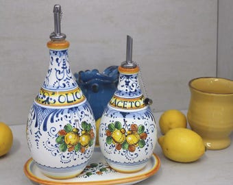 Handmade Ceramic set - Oil and Vinegar Cruets with Tray - Little Lemons pattern - Tuscan Italian pottery - Made in Italy