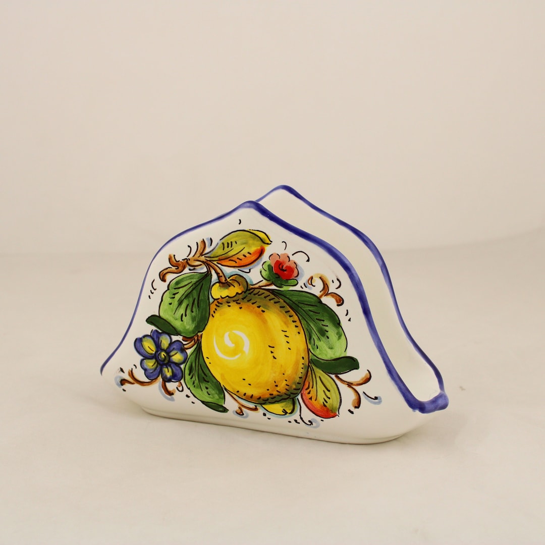 Italian Ceramic Napkin Holderhandpainted Lemon and Flower Pattern