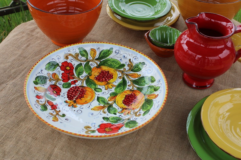 Handmade Italian Ceramic Serving Bowl Centerpiece for Table – Pomegranate and Flowers Pattern, Tuscan Pottery, Made in Italy image 4