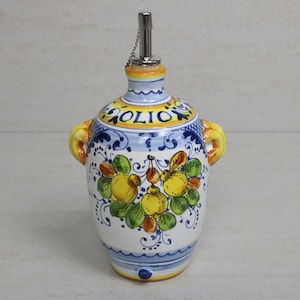 Italian Ceramic Tuscan Oil Bottle with oil dispenser cork Little Lemons pattern, Handmade in Italy, Cruet