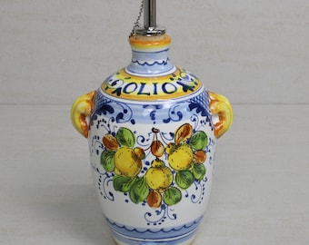 Italian Ceramic Tuscan Oil Bottle with oil dispenser cork Little Lemons pattern, Handmade in Italy, Cruet