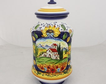 Italian Ceramic Vase "Albarello" landscape on blue, ceramic jar Hand made in Italy .Pottery Jar