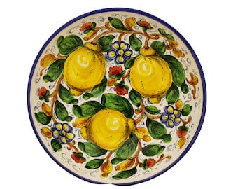 Italian Ceramic Serving Bowl- Centerpiece Lemons and Flowers Tuscan pattern on white Italian Pottery