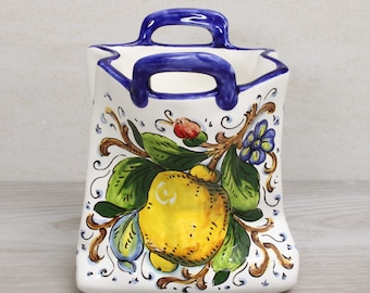 Italian Ceramic Utensil Holder Bag-Handpainted-Tuscan Lemon and Flowers pattern, Pottery Made in Italy-Utensil Holder