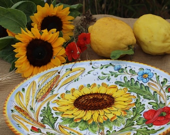 Italian Ceramic Oval Serving Tray and Wall Plate Sunflowers, poppies and wheat, Scent of Tuscany Italian Pottery Handpainted