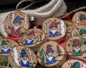 Wood Burned Ornaments | Gnome Christmas Ornament | Birch Slice Ornament