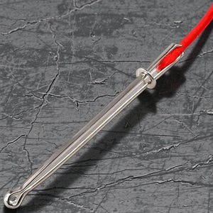 May include: A silver metal needle with a red cord threaded through it. The needle has a rounded tip with a small hole and a ring near the top. The background is a grey, textured surface.