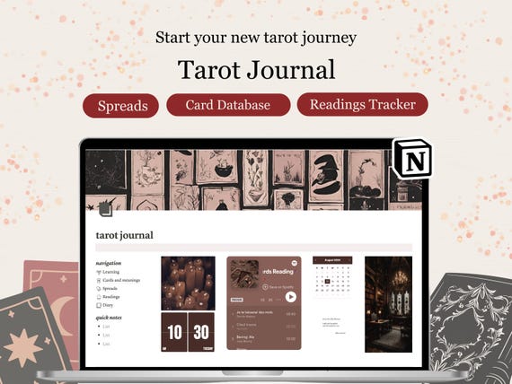 Tarot Notion template Journal Tarot Cards database Witchy Planner Tarot Spreads Daily Tarot Practice