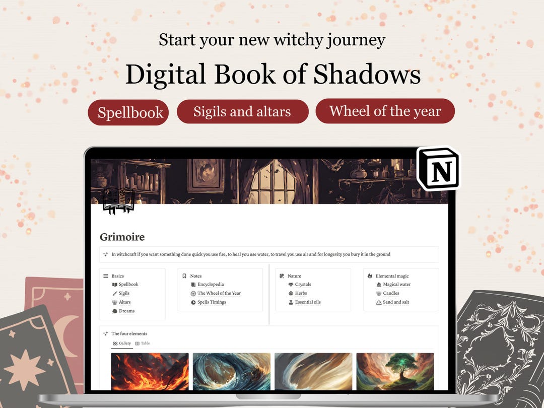 Book of Shadows Notion Template Grimoire Digital Witchy Planner for