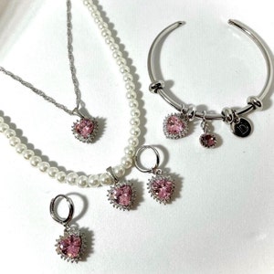 Zircon Heart Necklace Earring Bracelet Jewelry Set Silver Plated