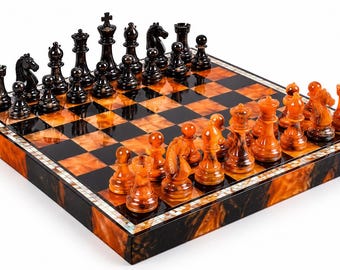 Juego de ajedrez de resina, tablero de ajedrez gótico, juego de ajedrez de Halloween, ajedrez de mármol naranja y negro, incrustaciones de nácar, regalo de ajedrez de lujo