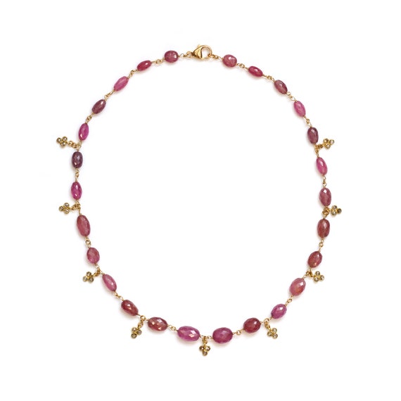 Pink Sapphire Faceted Bead and Diamond Necklace - image 1