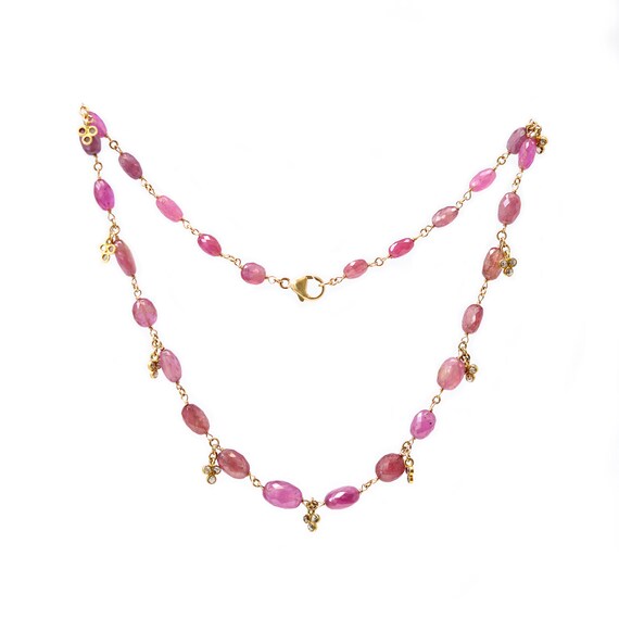 Pink Sapphire Faceted Bead and Diamond Necklace - image 2