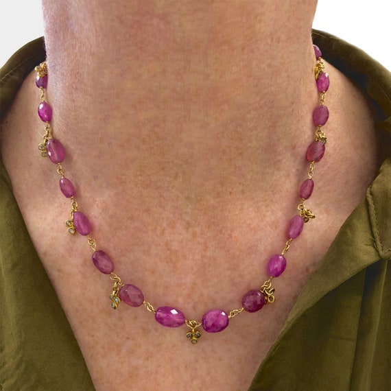 Pink Sapphire Faceted Bead and Diamond Necklace - image 6