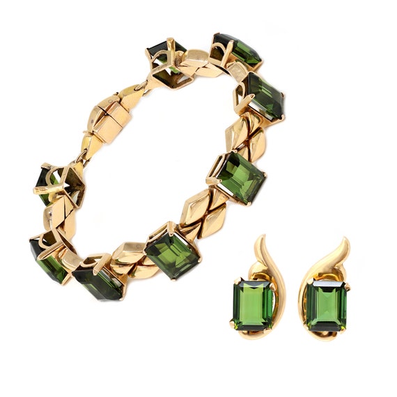 Retro Tourmaline and Pink Gold Bracelet and Earri… - image 1