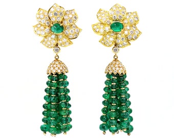 Important Pair of Emerald Tassel Bead and Diamond Day and Night Ear-Clips