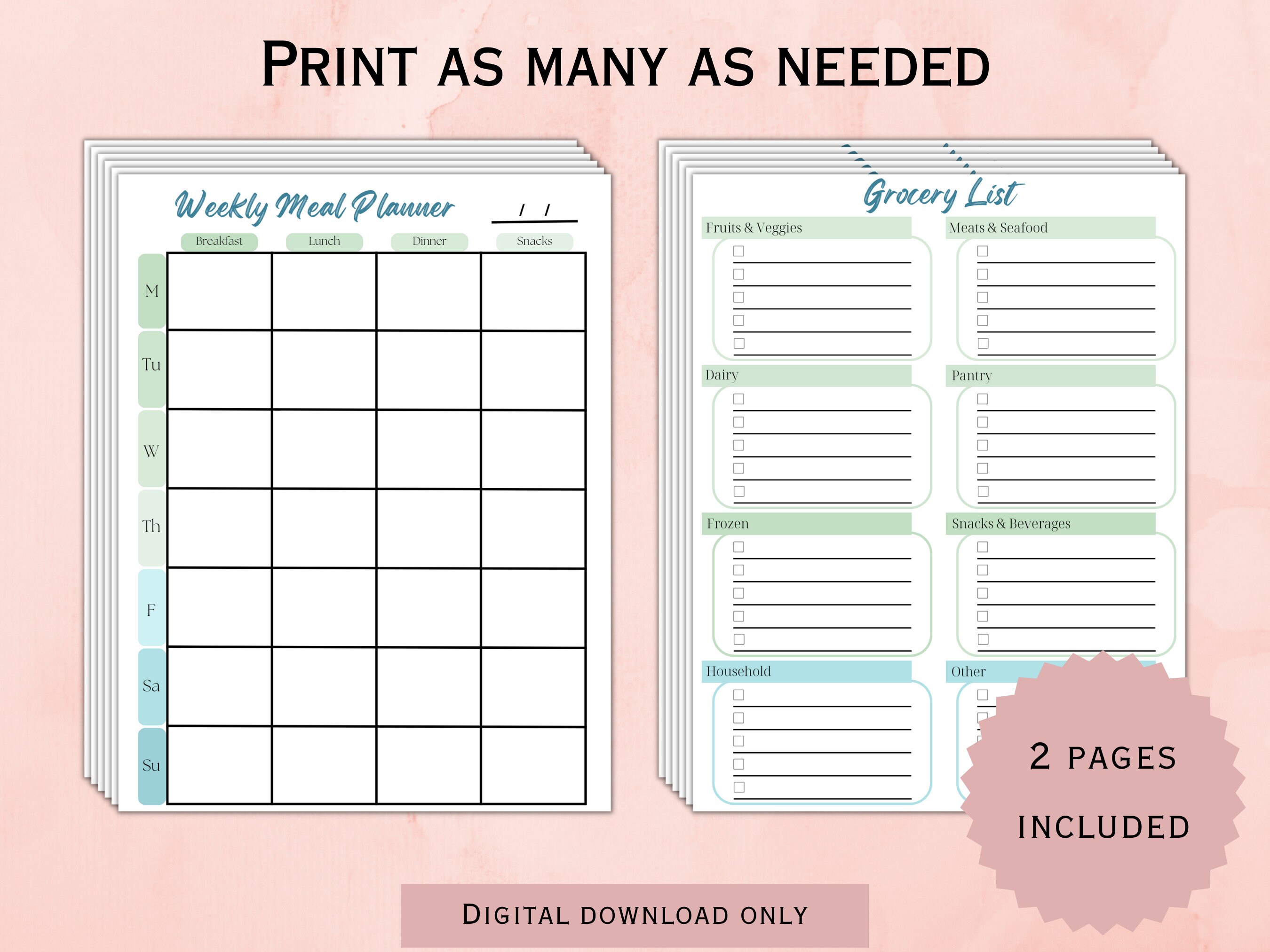 Weekly Meal Planner and Grocery List, Menu Planning, Grocery List ...