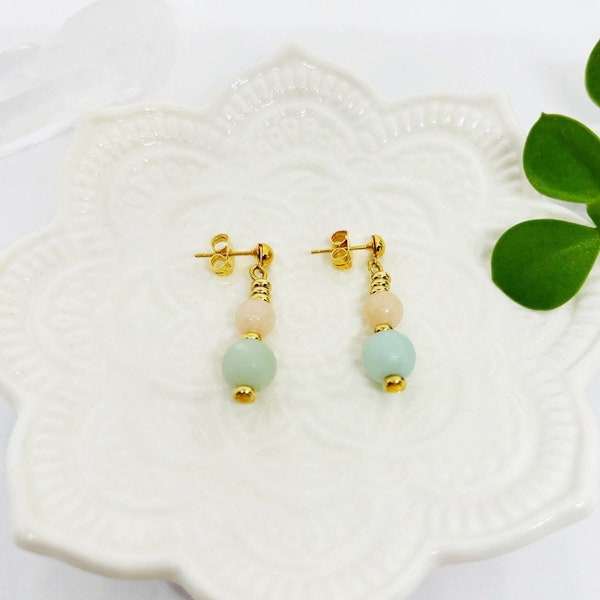 EMI Earrings, Dangle Earrings, ethical handmade gemstone dangle earrings with Amazonite, Peach Quartzite and gold plated spacers