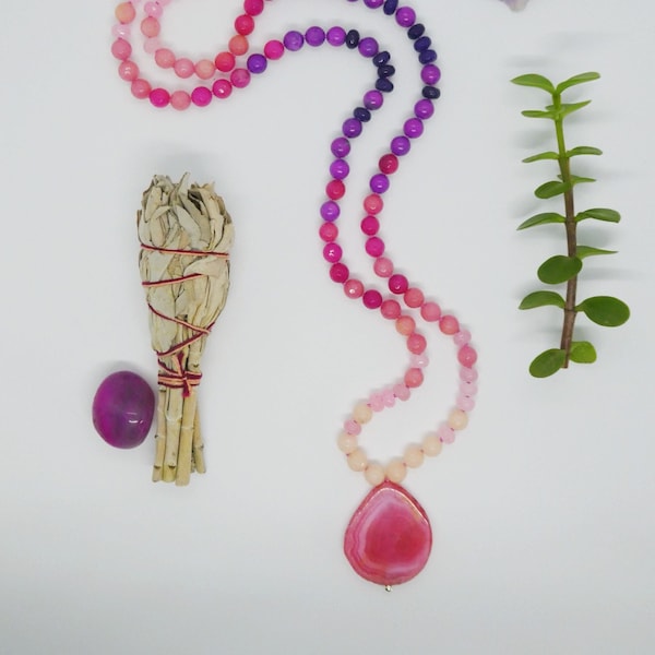 AKI Mala gemstone necklace, ethical handmade knotted with Pink and Purple Quartz, Purple Howlite and Pink Agate Slab Pendant