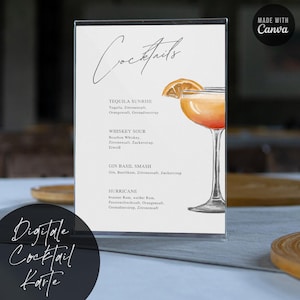 Modello menu bevande, menu cocktail party, menu bevande festa di nozze, modello bevande modificabile con cocktail, biglietto da stampare.