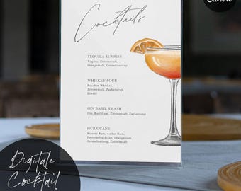 Vorlage Getränkekarte, Cocktailkarte Party, Getränkekarte Hochzeitsfeier, bearbeitbare Getränkevorlage mit Cocktails, Karte zum Drucken.