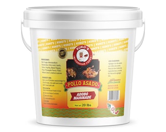 May include: A white plastic bucket with a yellow label that says "Kuko's Michoacan Foods Pollo Asado Adobo Marinade Net wt 20 lbs". The label also has a picture of a roasted chicken.