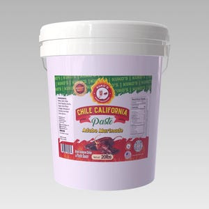 May include: A white plastic bucket with a white lid, labeled "CHILE CALIFORNIA Paste Adobo Marinade." The label features a red and gold design with text and an illustration of chili peppers. The net weight is 20 lbs.