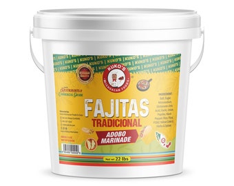 May include: A white bucket with a yellow label that says "Fajitas Tradicional Adobo Marinade" and "Net wt 22 lbs". The label also includes the text "Kuko's Michoacan Foods" and a list of ingredients.