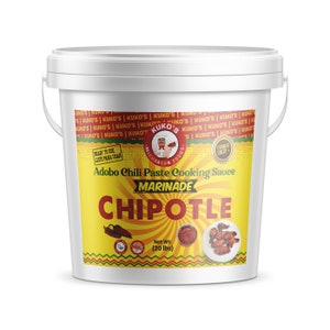 May include: A white bucket with a yellow label that says "Adobo Chili Paste Cooking Sauce MARINADE CHIPOTLE" and has a picture of a chef with a chili pepper. The label also says "Net Wt: (20 lbs)".