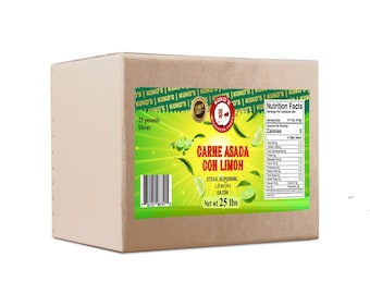 May include: A brown cardboard box with a green and yellow label. The label says "Carne Asada Con Limon" and "Steak Seasoning Lemon Sazon". The box is 25 pounds.