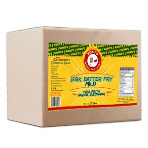 May include: A brown cardboard box with a yellow label. The label has the text "Kuko's" in red and white, and the words "Jerk Batter Fry Mild" in green and white. The label also has the text "Masa Frita Harina Sazonada" in black and white. The box is labeled "Net wt 25 lbs".