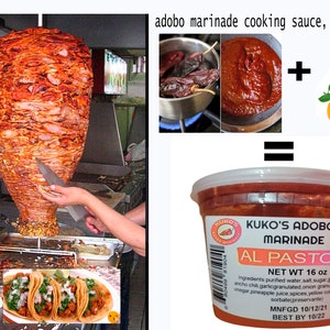 May include: A 16 ounce jar of Kuko's Adobos Marinade for Al Pastor. The marinade is a vibrant red color and is made with purified water, salt, sugar, guajillo chili, garlic, granulated onion, ancho chili, spices, pineapple juice, yellow color, potassium sorbate, and preservatives. The jar has a black and white barcode and the text "Kuko's Adobos Marinade Al Pastor" printed on the label. The jar is sitting on a white surface.