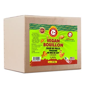 May include: A large cardboard box with a green and red label. The label reads "Vegan Bouillon" in large letters, with "Caldo de Pollo Vegano" below. The box contains 25 lbs of product.