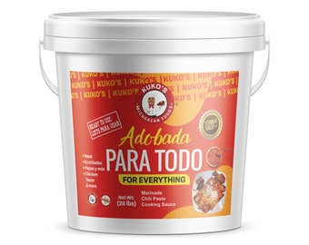 May include: A white plastic bucket with a red and white label. The label says "Kuko's Adobada Para Todo" and "For Everything". The bucket contains 20 pounds of marinade, chili paste, and cooking sauce.