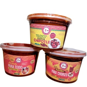 3 16 oz. adobos marinades, Chipotle, Chorizo, and Adobada para Todo.