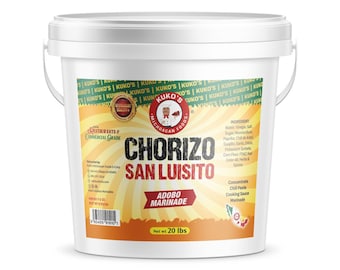 May include: A white plastic bucket of "Chorizo San Luisito Adobo Marinade" by Kuko's. The label features a logo with a chef and the text "Restaurants & Commercial Grade." The net weight is 20 lbs.