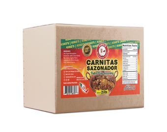 May include: A brown cardboard box with a label that says "Carnitas Sazonador" and "Perfect Pork Seasoning". The label is red, green, and yellow with a picture of a bowl of carnitas. The box is 25 lbs.