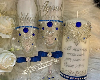 Lot of two flutes and a candle decorated customizable, for the wedding, a gift for the wedding