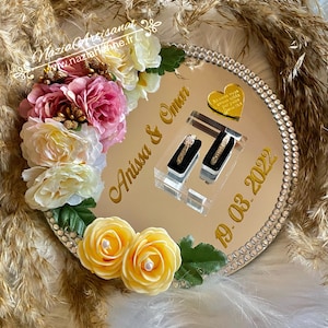 Portafedi con fiori secchi eucalipto cuscino portafedi, fedi nuziali disco in legno regalo di nozze coppia