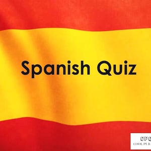 Puede incluir: Bandera de España con franjas rojas y amarillas, y el escudo nacional. El texto "Spanish Quiz" en negro. La imagen es un primer plano de la bandera.