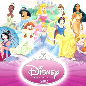 May include: A group of Disney Princesses are featured on a pink background with a castle in the distance. The image includes the text "Disney Princess Quiz" in a pink oval.