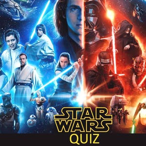 May include: A Star Wars quiz poster featuring characters from the film series. The poster is split into blue and red halves, with heroes on the left and villains on the right. The words "STAR WARS QUIZ" are prominently displayed.