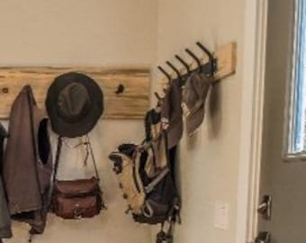 Industrial Coat Rack with Black Hooks, Rustic Mudroom Organizer