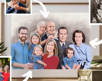 Custom Watercolor Family Portrait From Merging Multiple Photos, Personalized Gifts, Loss of Loved Ones Deceased Portrait, Christmas Gifts.