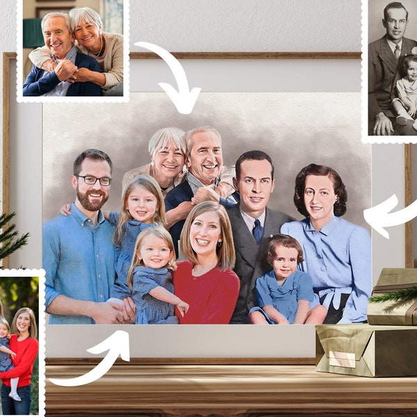 Benutzerdefiniertes Aquarell Familienporträt aus der Zusammenführung mehrerer Fotos, Geburtstagsgeschenk, personalisierte Geschenke, Verlust von Lieben, Weihnachtsgeschenke.