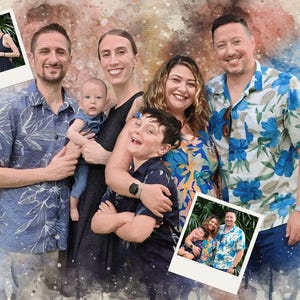 Aangepaste aquarel familieportret door meerdere foto's samen te voegen, jubileumcadeau, gepersonaliseerde cadeaus, verlies van dierbaren, kerstcadeaus.