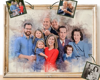 Custom Watercolor Family Portrait From Merging Multiple Photos, Personalized Gifts, Loss of Loved Ones Deceased Portrait, Christmas Gifts