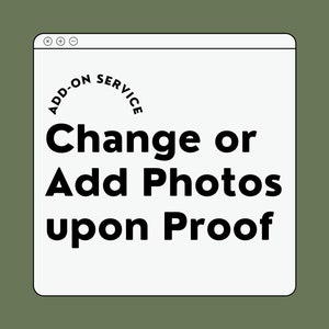 May include: A white browser window with the text "ADD-ON SERVICE" in a circle at the top. The text "Change or Add Photos upon Proof" is displayed in black bold font.